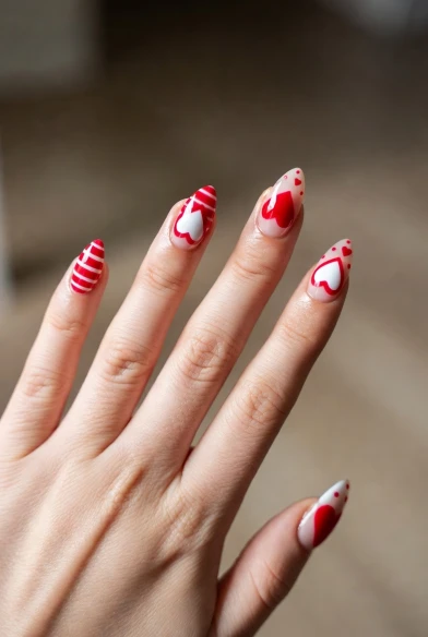 Heart Stripe Valentine Nails