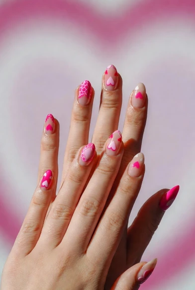 Pink Heart Mix Valentine Nails