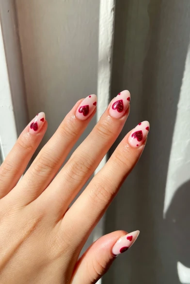 Glossy Nude Heart Valentine Nails