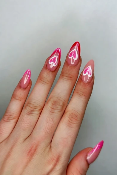 Pink Outline Heart Nails
