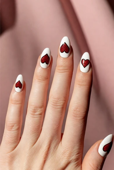White Heart Accent Valentine Nails