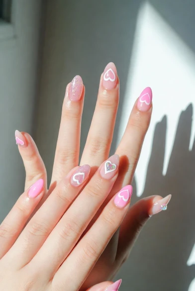 Soft Pink Heart Glaze Nails