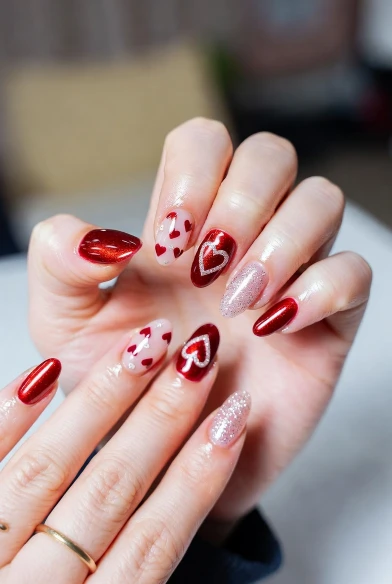Ruby Heart Accent Nails