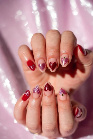  Red & Glitter Heart Nails