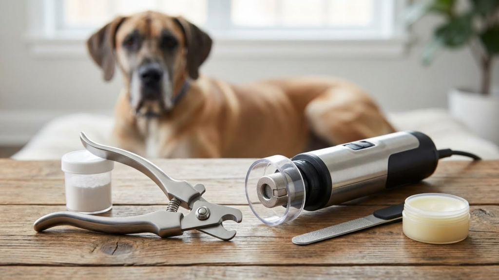 Essential Great Dane nail-care setup featuring strong clippers, a nail grinder, and grooming accessories—perfect for safe, stress-free trimming at home.