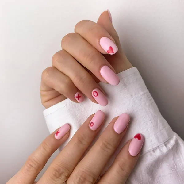 Simple Matte Pink + Red Valentine’s Day Nails
