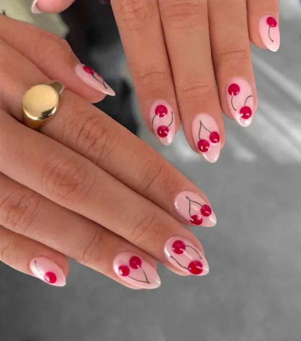 Short Cherry Themed Valentine’s Day Nail Designs