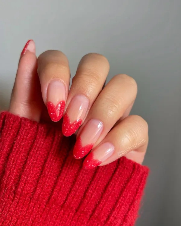 Cute Valentine’s Day Nails With Red Heart Shaped Nail Art Tips