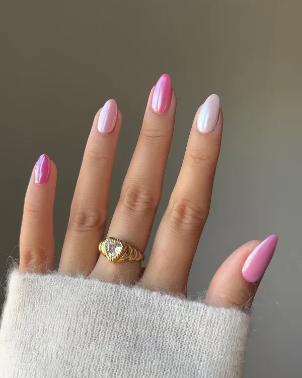 Shimmery Pink Skittle Valentine’s Day Nails