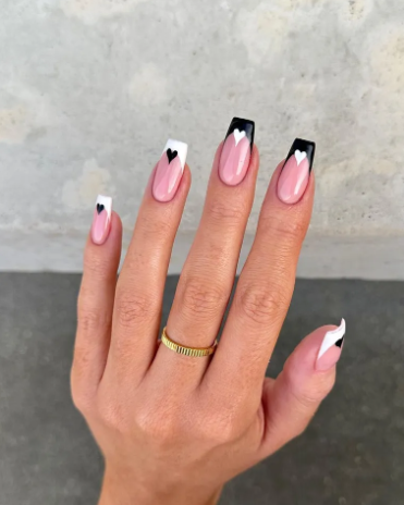 Black and White French Tip Nails with Hearts