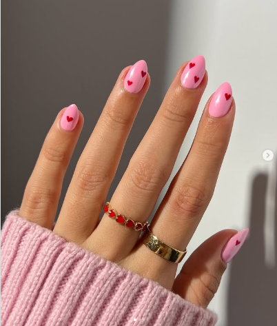 Pink And Red Heart Nails