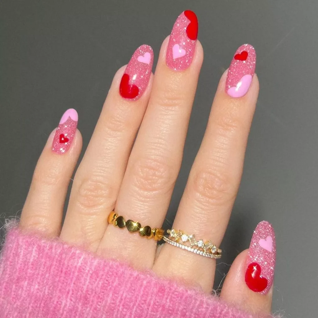 Pink and Red Heart Velvet Nails