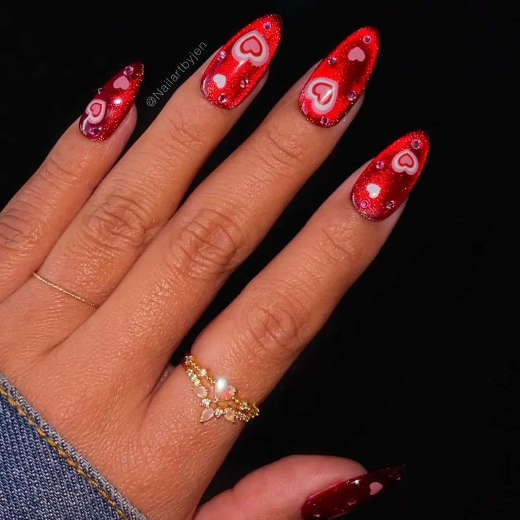 Ruby Red Velvet Nails With Layered Heart Accents