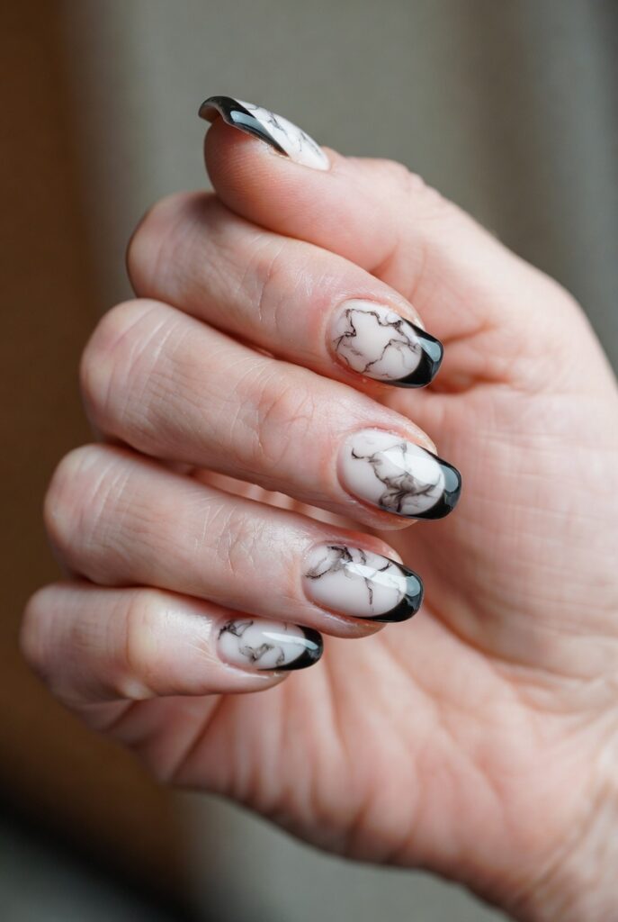 Black Marble Almond Tips