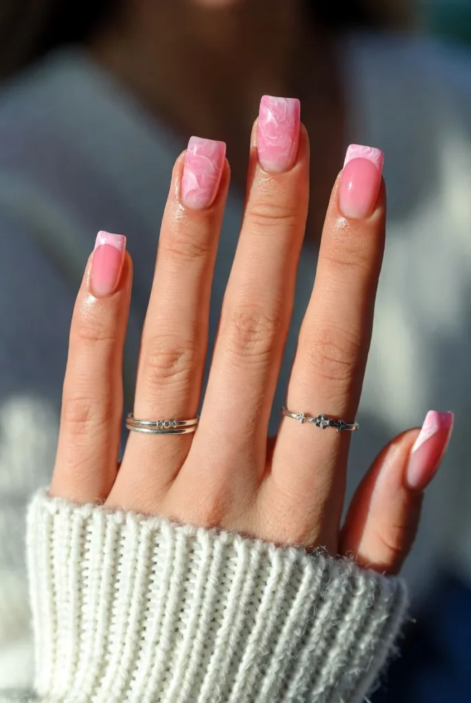 Pink Marble Square Nails