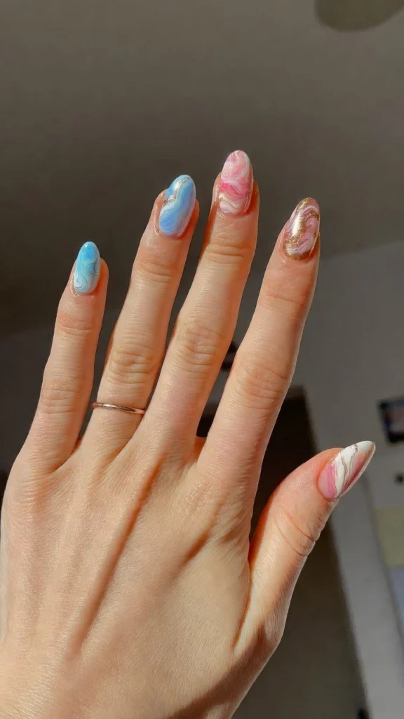  Pink & Blue Swirl Marble Nails