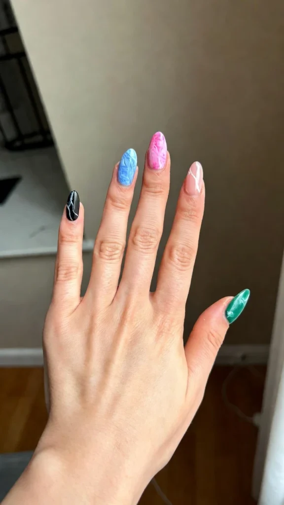  Pink, Blue & Gold Marble Nails