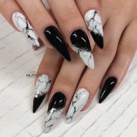 Black White Marble Glam Nails