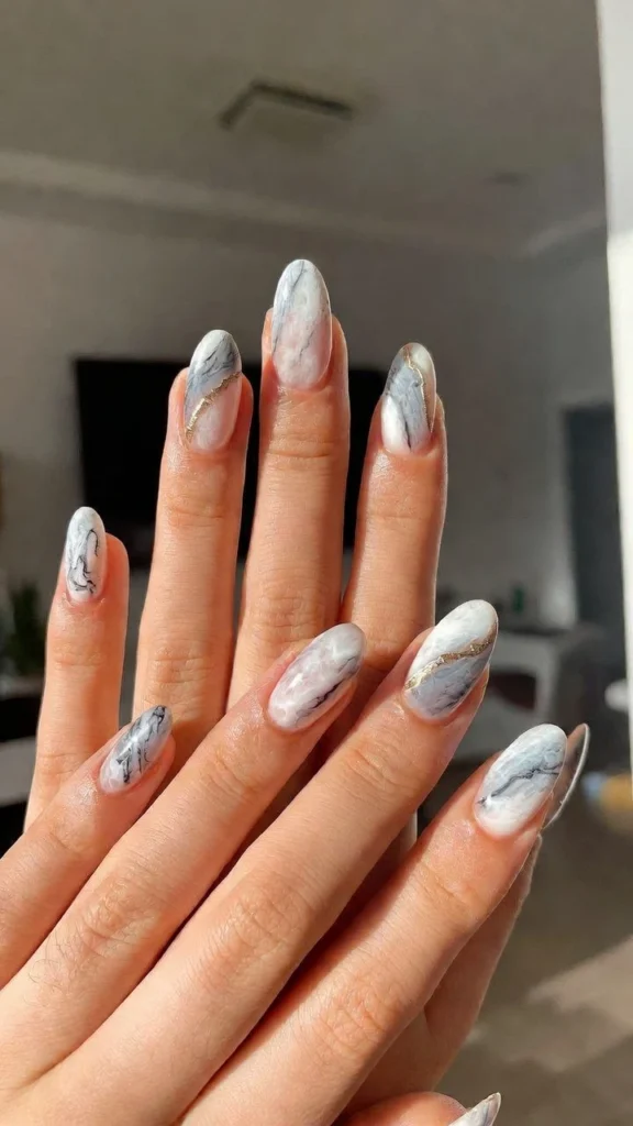  Black, White & Gold Marble Nails