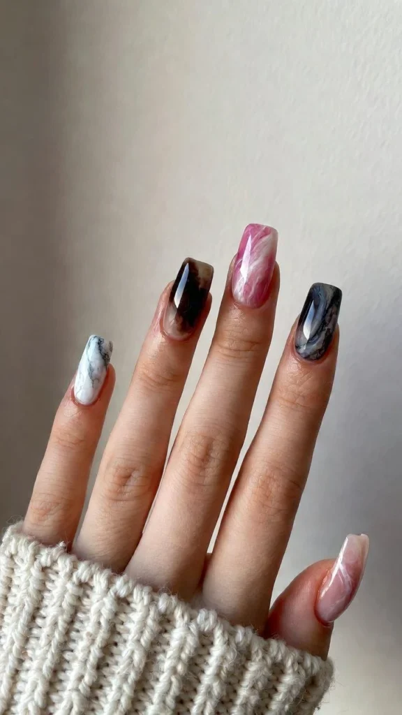 Multicolor Marble Accent Nails