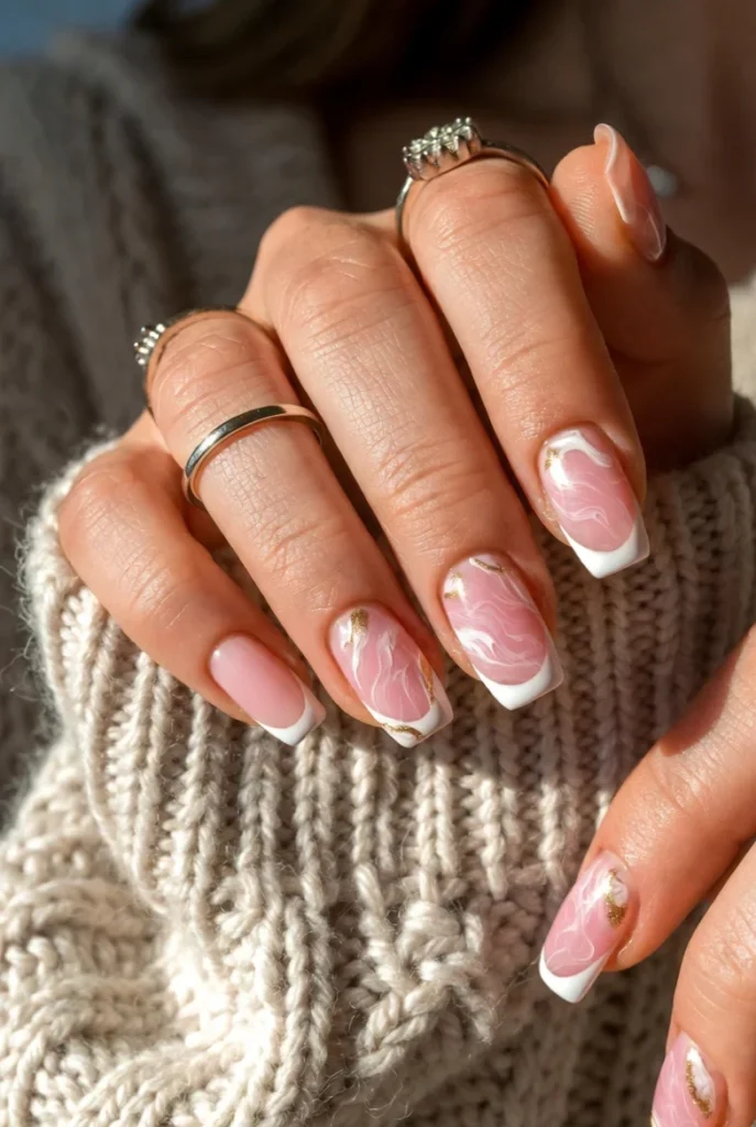 Pink Marble & Gold French Tips