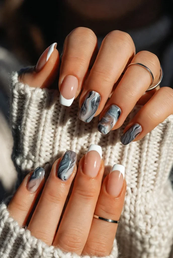 Gray Stone Swirl French Tips