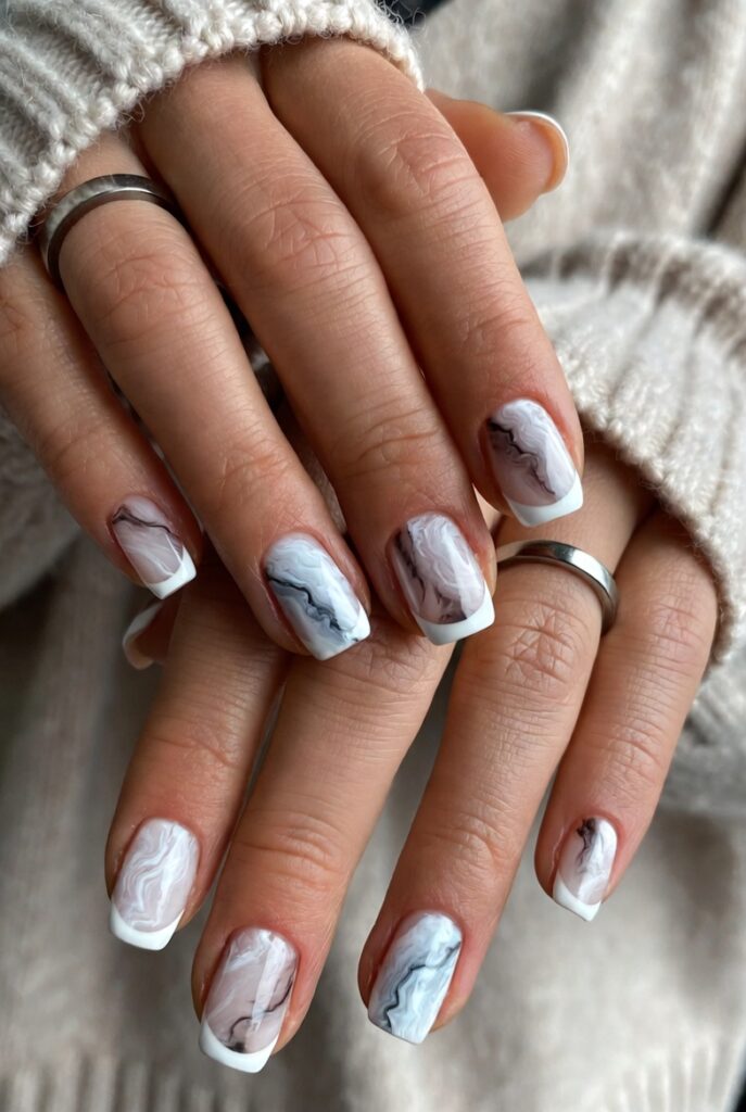 Stone-Gloss Marble French Nails