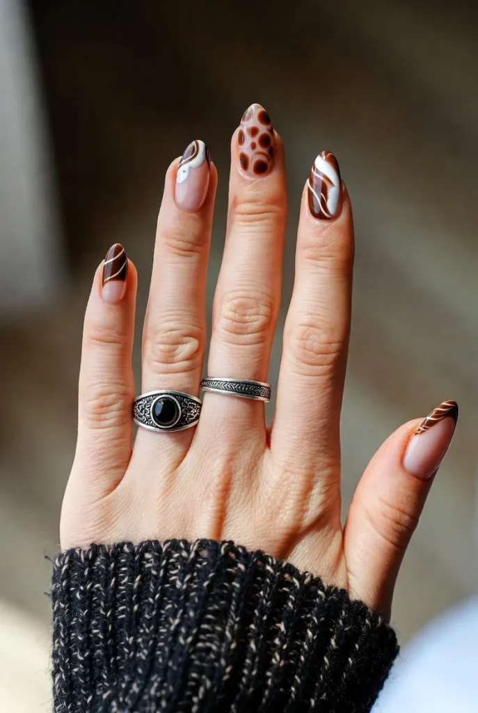 Brown Swirl & Bubble Texture Nails