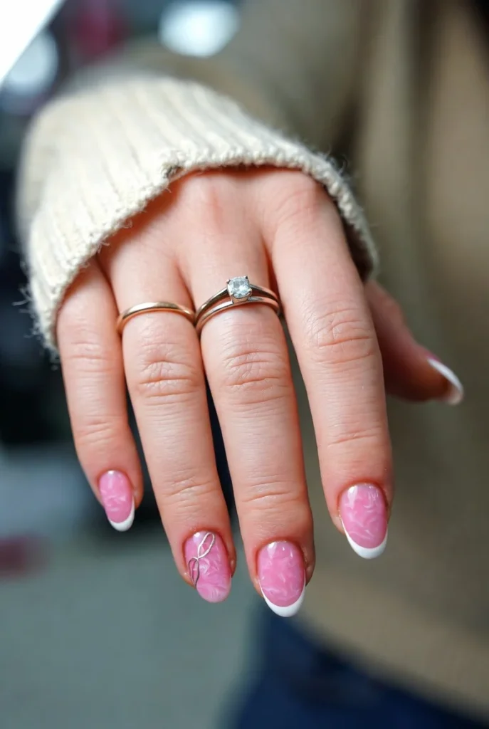 Pink Marble Ribbon French Tips