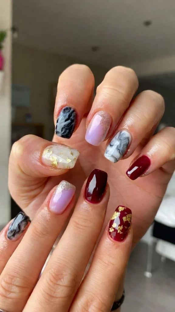  Burgundy & Marble Glam Nails