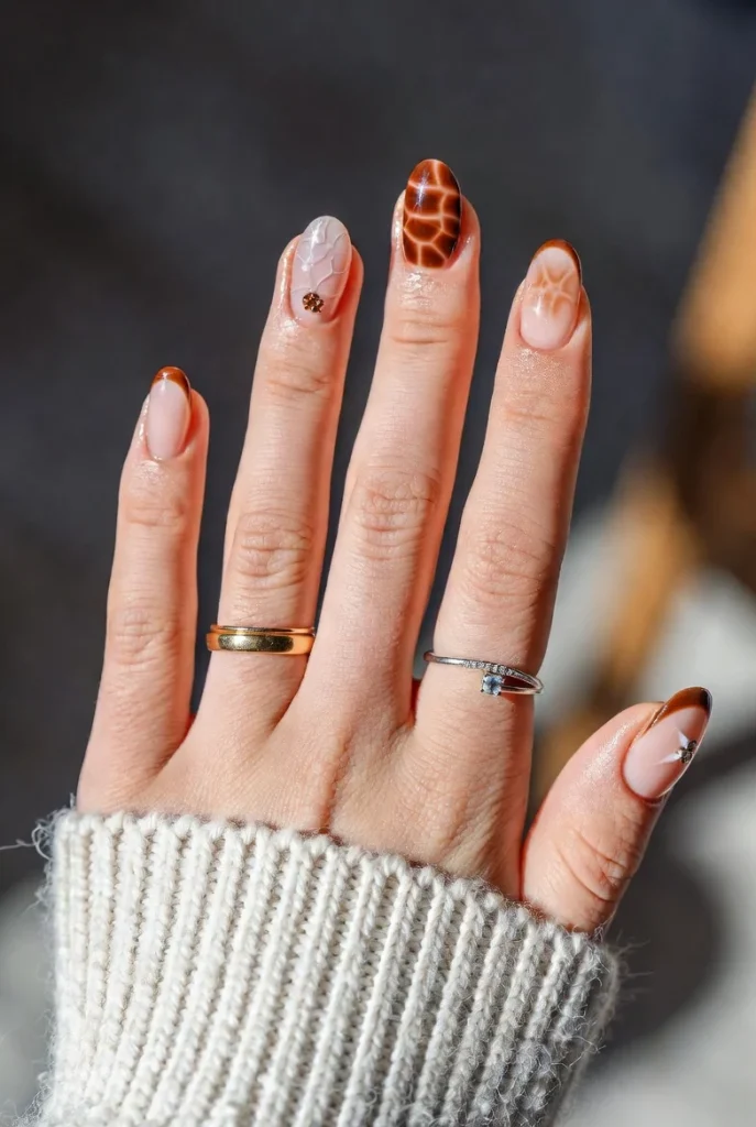 Brown Mixed Art Gem Nails