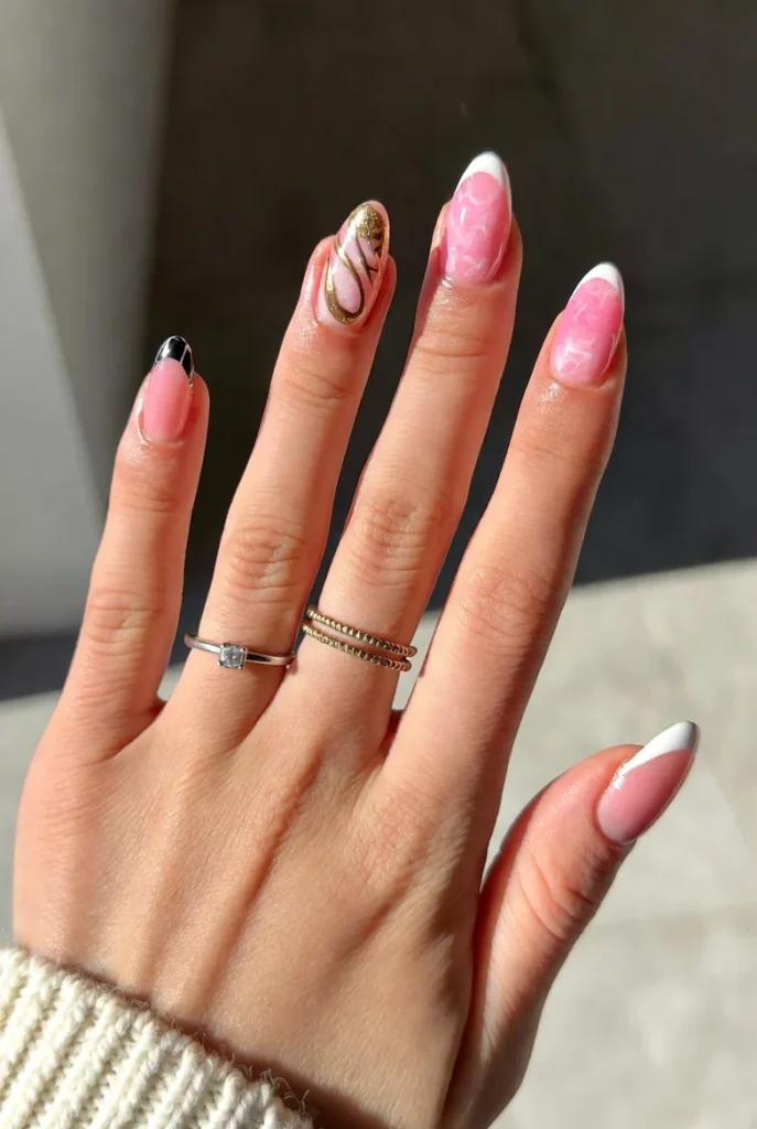 Pink Marble & Swirl Accent Nails