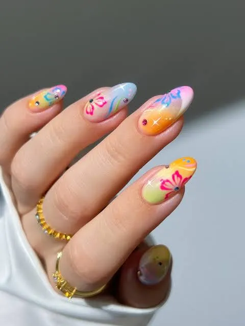 Pink Polka Floral French Nails