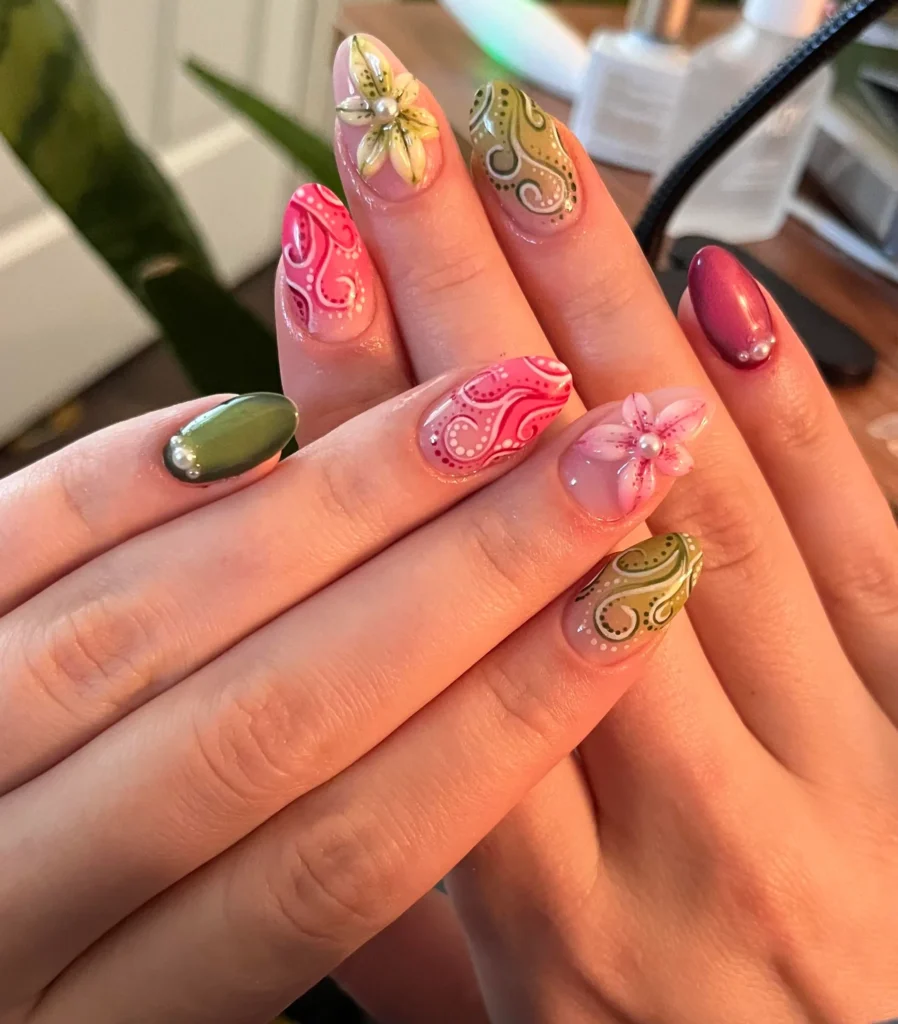 Orange Floral Gradient Nails