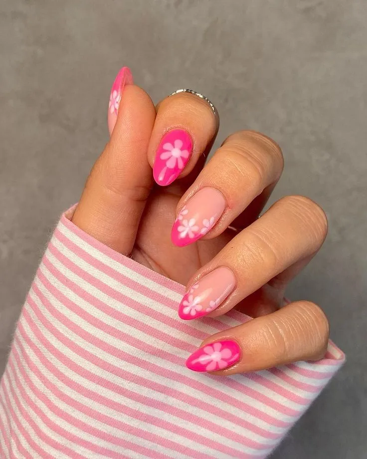 Hot Pink Floral French Nails