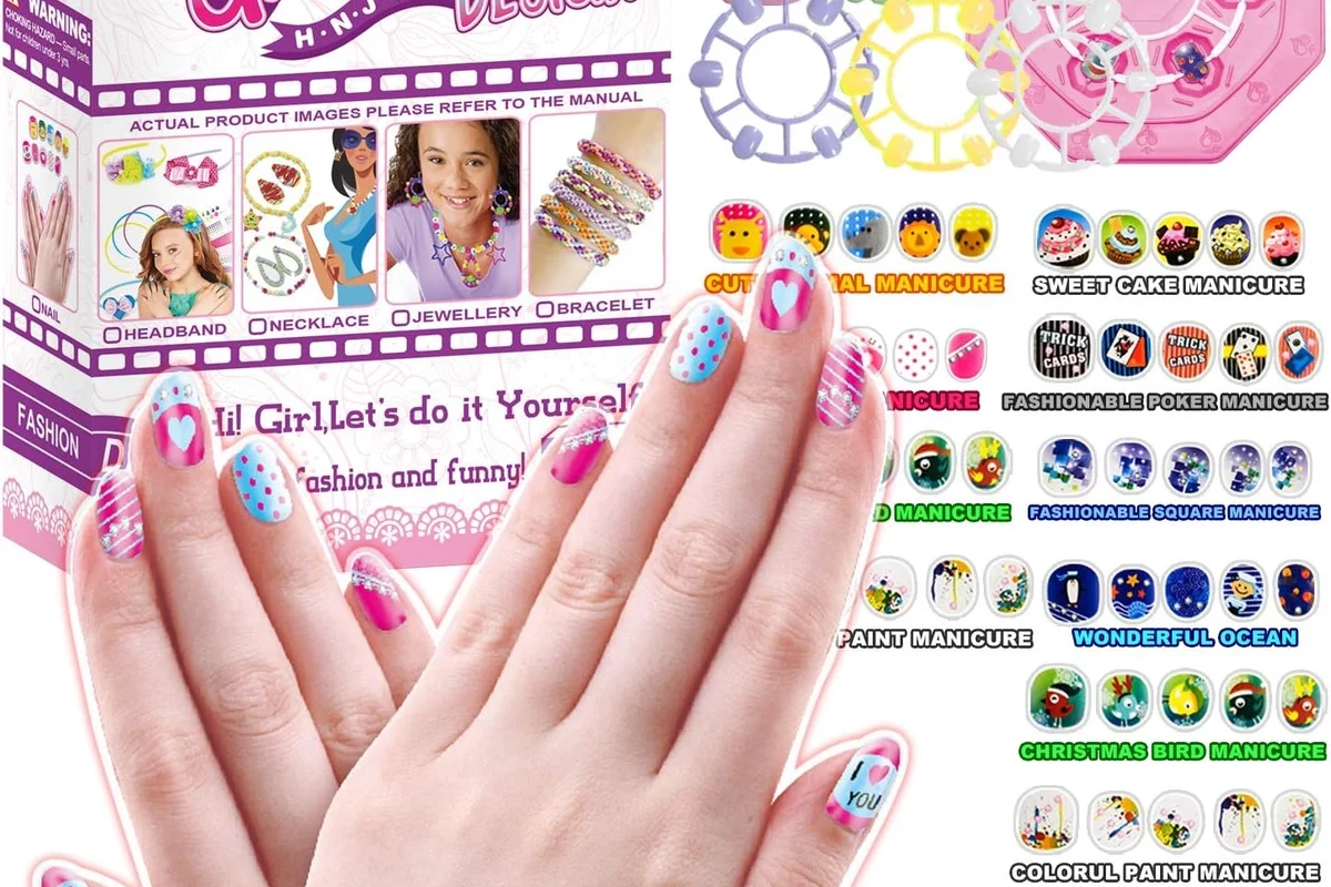Parent choosing safe kid-friendly nail options like stickers, polish, and press-ons