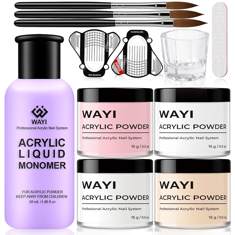 9Pcs Acrylic Nail Kit: 4 Powder Colors, Liquid Monomer, Brush, Forms &