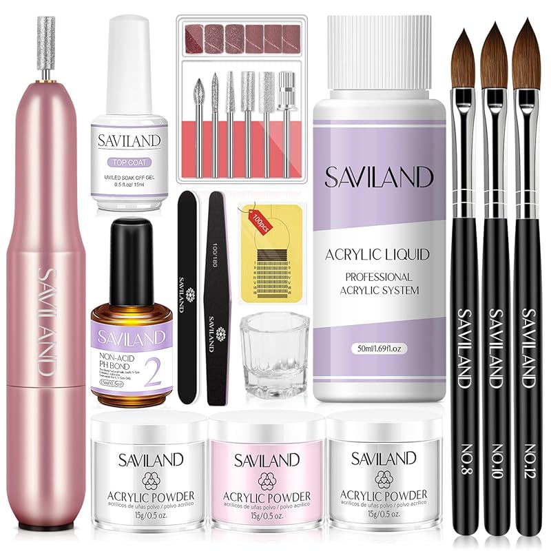 SAVILAND Acrylic Nail Kit: With Drill, 15g Powders, Forms & Tools for