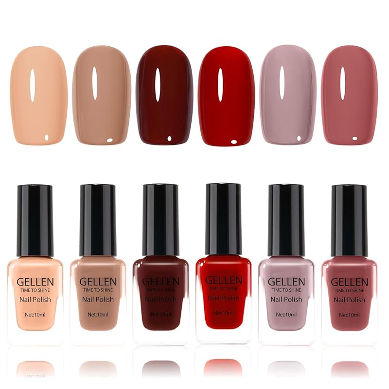 GELLEN Nude Red Brown Quick Dry Regular Nail Polish Set, 6 Colors for
