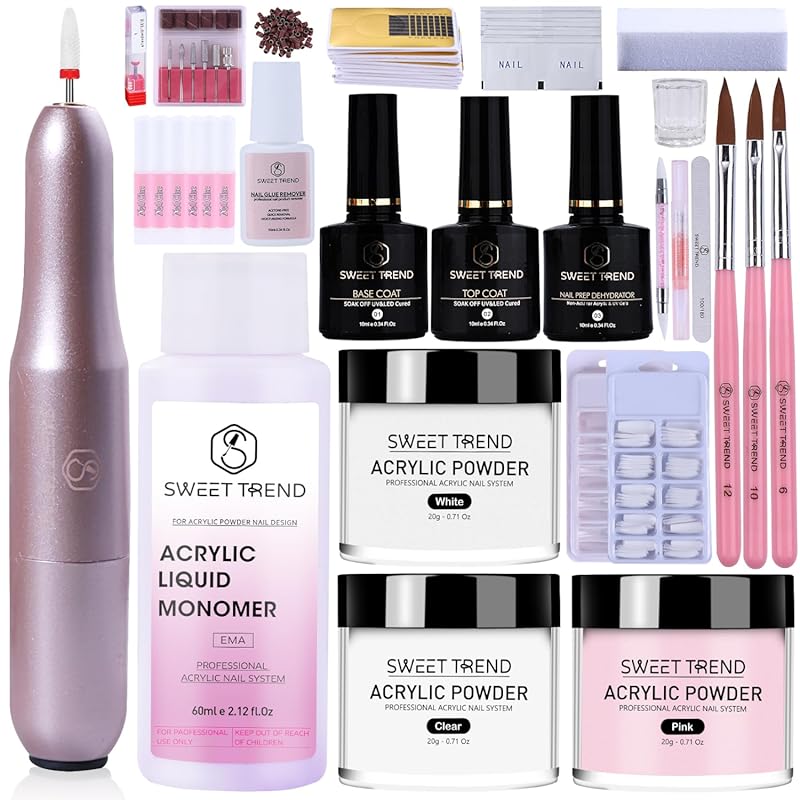 Acrylic Nail Kit with Drill: Powder, Liquid, Brushes, Tips & Full Tool