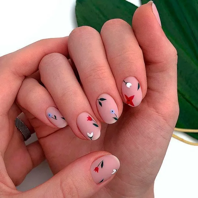 Red Floral French Nails