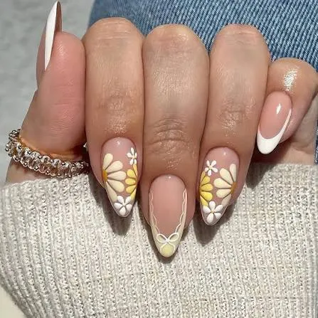 Hot Pink Daisy Almond Nails