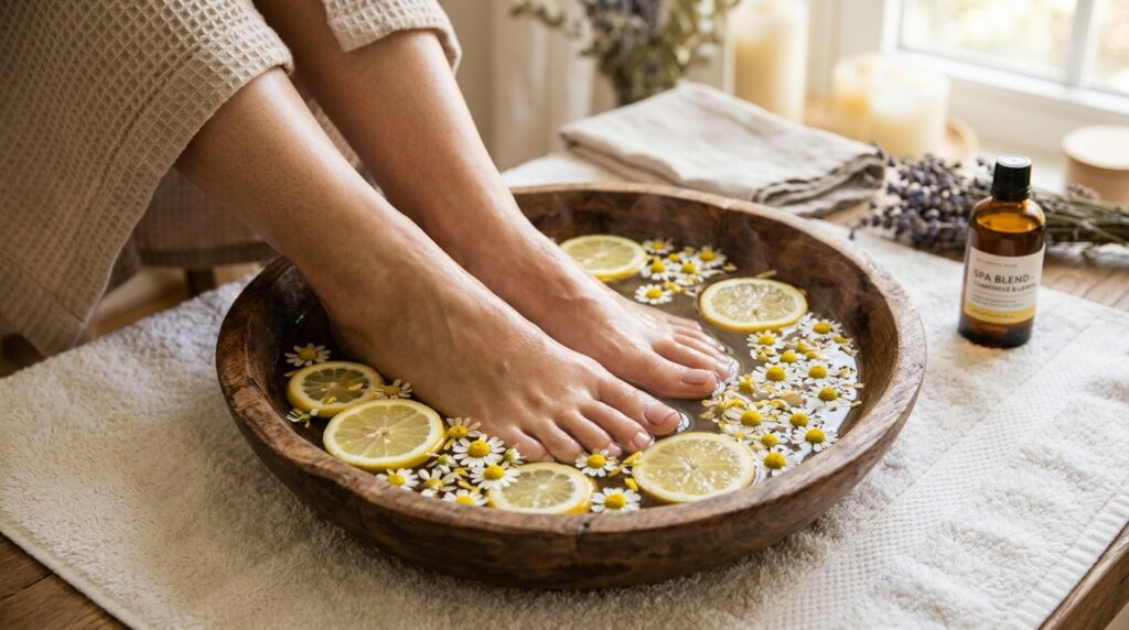 A woman soaking her feet in a wooden basin filled with warm water and flower petals before a pedicure.