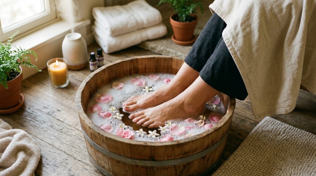  A woman soaking her feet in a warm basin of water with flower petals before a pedicure.