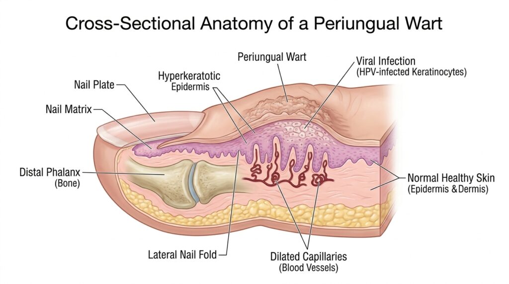 diagram showing the difference between a normal nail callus and a wart caused by hpv
