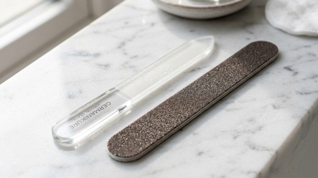 Close up of a fine-grit glass nail file safely smoothing dead skin next to a coarse emery board.