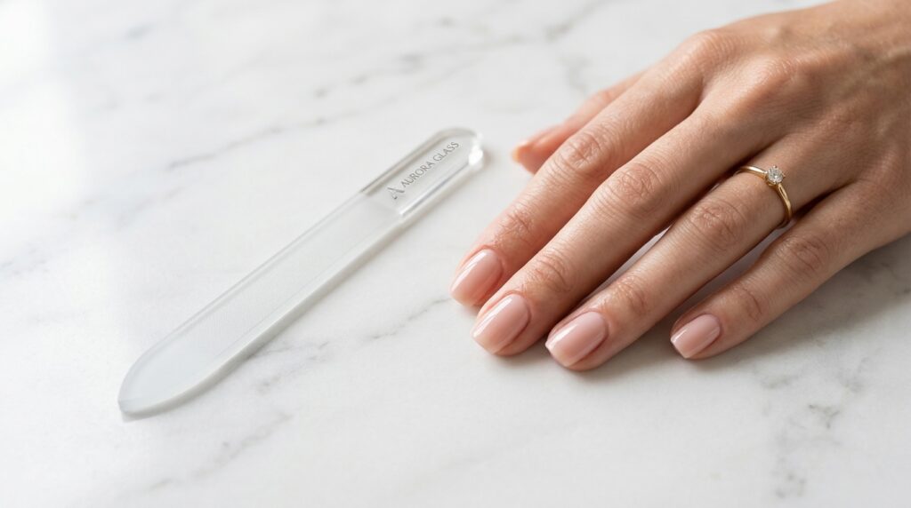 A glass nail file resting beside neatly manicured fingernails on a clean beauty vanity.
