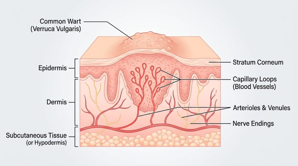 Illustration showing the anatomy of a skin wart and its blood vessels compared to healthy skin.