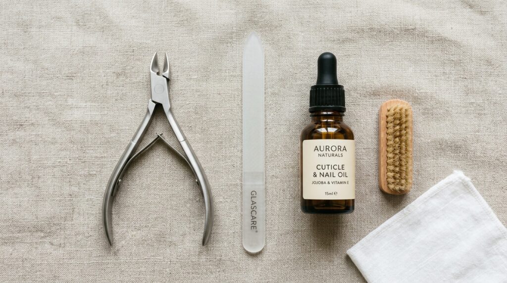 An organized set of professional stainless steel nail care tools laid out on a clean towel.