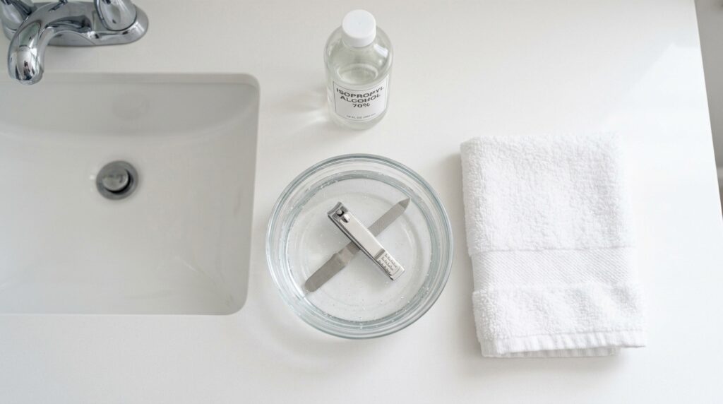Stainless steel nail clippers and a metal cuticle pusher soaking in a small glass dish of isopropyl alcohol.